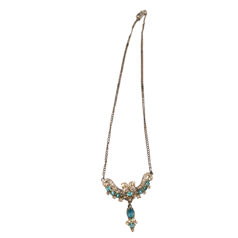 VINTAGE 1940 Silver Necklace Blue Clear Rhinestones Choker - Picture 3 of 12